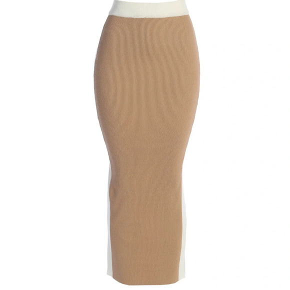 JLUXLABEL Tan White Ribbed Knit Fall Midi Skirt Split Back S - Picture 4 of 10